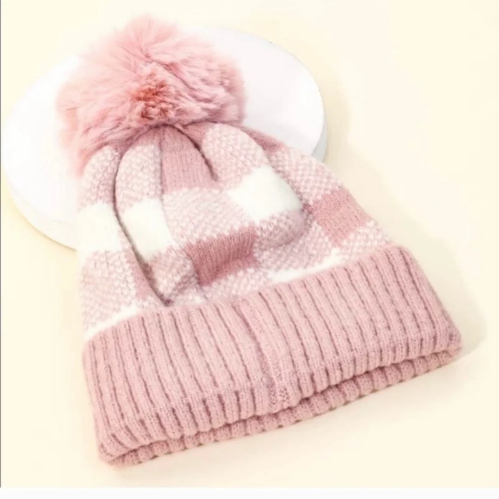Pink Buffalo Plaid Warm Fall Winter Women's Pom Pom Hat-New